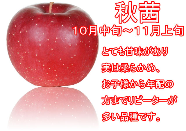 りんごの品種，秋茜。とても甘味があり、実は柔らかみ、お子様から年配の方までリピーターが多い品種です。